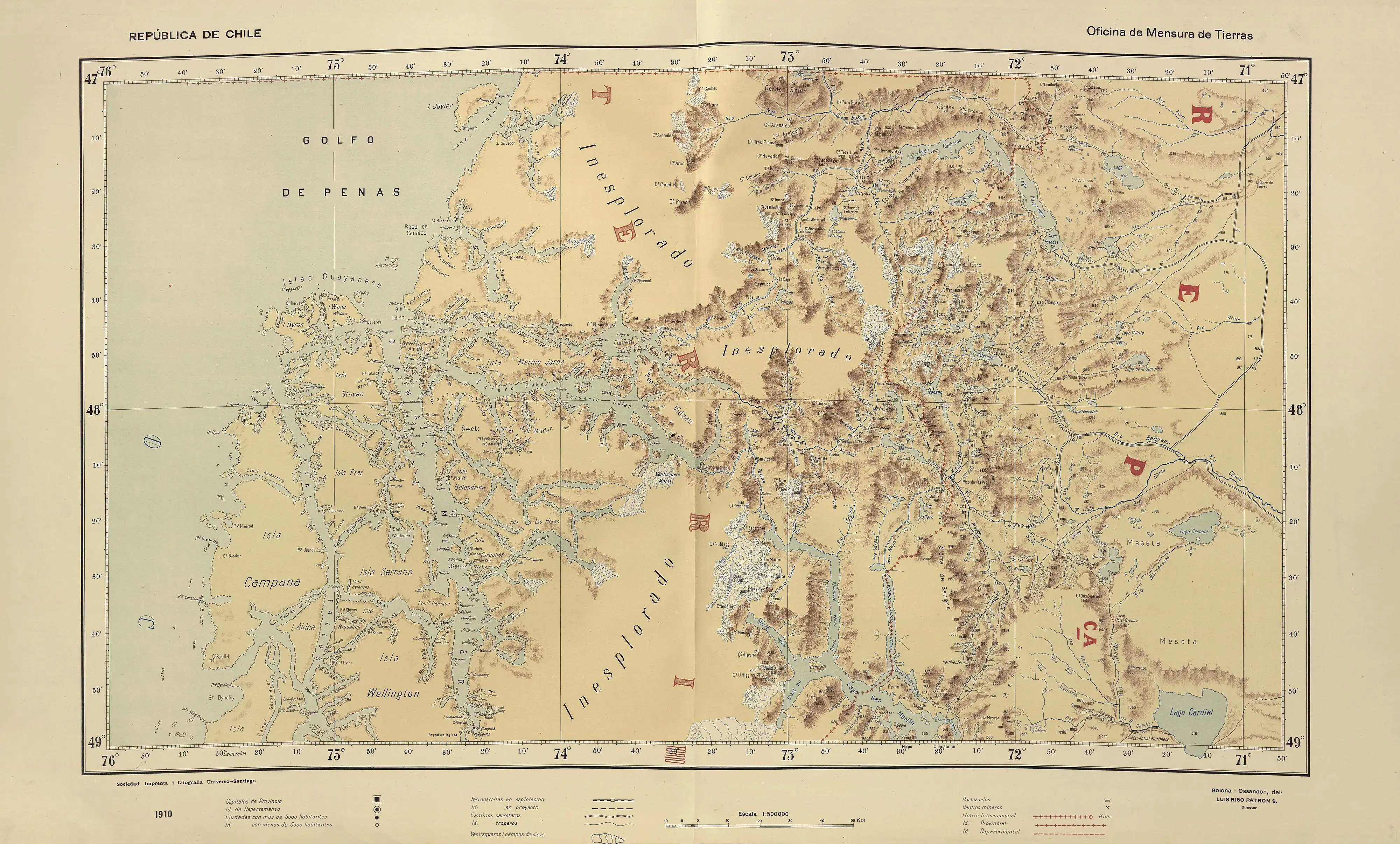 Río Cochrane en un mapa de Luis Risopatrón de 1910.