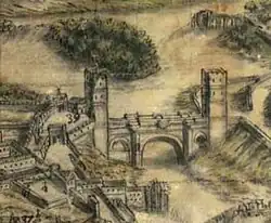 Puente[a]​ y plaza de armas en el plano de Joseph de Arroyo Palomeque (1720)