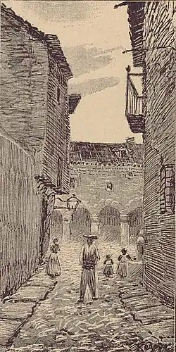 Una calle de Sigüenza, grabado de España negra, de Regoyos, 1899.