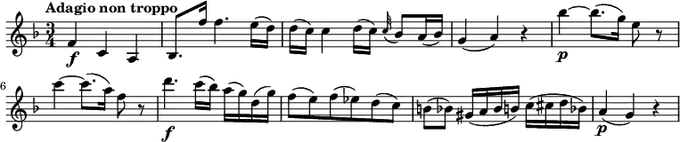 \relative c'' {
\version "2.18.2"
\key f \major
\time 3/4
\tempo "Adagio non troppo"
\tempo 4 = 50
f,4 \f c a
bes8. f''16 f4. e16 (d)
d (c) c4 d16 (c) \grace c32 (bes8) a16 (bes)
g4 (a) r
bes'4\p ~ bes8. (g16) e8 r
c'4 ~ c8. (a16) f8 r
d'4.\f c16 (bes) a (g) d (g)
f8 (e) f (ees) d (c)
b (bes) gis16 (a bes b) c (cis d bes!)
a4\p (g) r
}