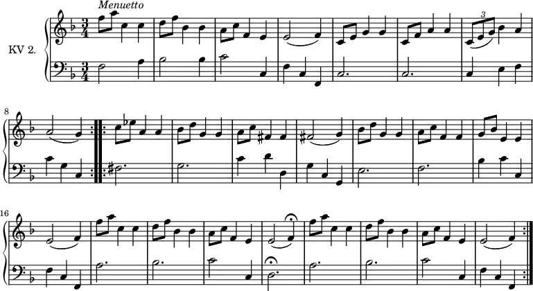 
\version "2.14.2"
\header {
  tagline = ##f
}

upper = \relative c'' {
  \clef treble
  \key f \major
  \time 3/4
  \tempo 4 = 130
  \tempo "Menuetto"
  \set Staff.midiInstrument = #"dulcimer"

   \repeat volta 2 {
 f8^\markup \italic { Menuetto} a c,4 c | d8 f bes,4 bes | a8 c f,4 e | e2 (f4)
  | c8 e g4 g  | c,8 f a4 a
  | \tuplet 3/2 {c,8 (e g) } bes4 a |  a2 (g4)
  }
  \repeat volta 2 \relative c' {
   c'8 ees a,4 a | bes8 d g,4 g  | a8 c fis,4 fis
   | fis2 (g4)  | bes8 d g,4 g  | a8 c f,4 f | g8 bes e,4 e | e2 (f4)
   |  f'8 a c,4 c | d8 f bes,4 bes | a8 c f,4 e  | e2 (f4) \fermata
    |  f'8 a c,4 c | d8 f bes,4 bes | a8 c f,4 e  | e2 (f4)
  }
} 

lower = \relative c {
  \clef bass
  \key f \major
  \time 3/4
  \set Staff.midiInstrument = #"harpsichord"
  
  \repeat volta 2 {
  f2 a4 | bes2 bes4 | c2 c,4 | f4 c f,|  c'2. |  c2. | c4 e f  | c' g c,
  }
  \repeat volta 2 \relative c' {
    fis,2.  | g2. | c4 d d, | g c, g  | e'2. | f2.   | bes4 c  c,  | f c f,
    |  a'2. | bes2.| c2 c,4 | d2. \fermata |  a'2. | bes2.| c2 c,4 
    | f c f,
  }
}  


\score {
  \new PianoStaff <<
    \set PianoStaff.instrumentName = #"KV 2."
    \new Staff = "upper" \upper
    \new Staff = "lower" \lower
  >>
  \layout {
    \context {
      \Score
      \remove "Metronome_mark_engraver"
    }
  }
 \midi { }
}
