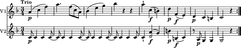 
<<
 \new Staff \with {
 instrumentName = #"V1" }
 \relative c'' {
 \version "2.18.2"
 \clef "treble"
 \key f \major
 \time 3/4
 \tempo "Trio"
   a4\p (c f)
   a4. f8 (c a)
   bes4 (e g)
   bes r4 r4
   a-! c,\f (b)
   d\p f,\f (e)
   d\p c b
   c2 r4 \bar ":|."
}
\new Staff \with {
 instrumentName = #"V2" }
 \relative c'' {
 \clef "treble"
 \key f \major
 \time 3/4
   c,8\p c4 c c8~
   c8 c4 c c8~
   c8 c4 c c8~
   c8 c4 c c8
   c4-! <<{a'\f ^(g)} {d2}>>
   b'4\p b,\f (c)
   r8 a8\p g4 g
   g2 r4 \bar ":|."
 }
>>
