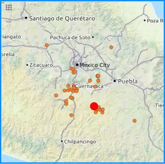 Mapa de las réplicas del terremoto de Puebla Rojo: choque principal