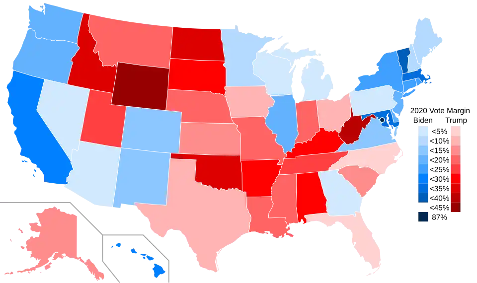 Mapa del Colegio Electoral, que muestra a Trump ganando muchos estados del Sur y las Montañas Rocosas y a Biden ganando muchos estados del Noreste, el Medio Oeste y el Oeste del Pacífico.