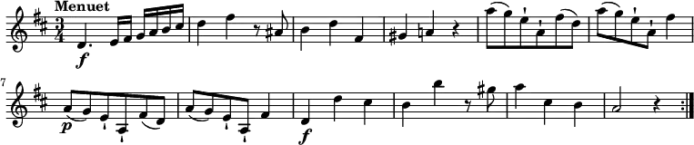 
\relative c' { 
\version "2.18.2"
\clef "treble" 
\tempo "Menuet" 
\key d \major
\time 3/4
d4. \f e16 fis g a b cis
d4 fis4 r8 ais,8
b4 d fis,
gis a! r4
a'8 (g) e-! a,-! fis' (d)
a'8 (g) e-! a,-! fis'4    
a,8\p (g) e-! a,-! fis' (d)
a'8 (g) e-! a,-! fis'4
d4\f d' cis
b b' r8 gis8
a4 cis, b
a2 r4 \bar ":|."
}
