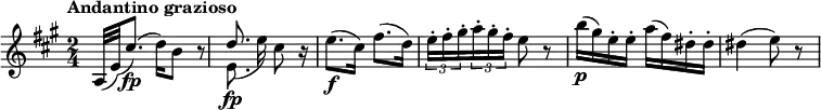 \relative c'' {
\key a \major
\time 2/4
\tempo "Andantino grazioso"
\grace (a,32 e'32) (cis'8.)\fp (d16) b8 r8
<< { d8.\fp} \\{e,8._(e'16)}>> cis8 r16
e8.\f (cis16) fis8. (d16)
\tuplet 3/2 {e16-. fis-. gis-. } \tuplet 3/2 {a-. gis-. fis-. } e8 r8
b'16\p (gis) e-. e-. a (fis) dis-. dis-.
dis4 (e8) r8
}