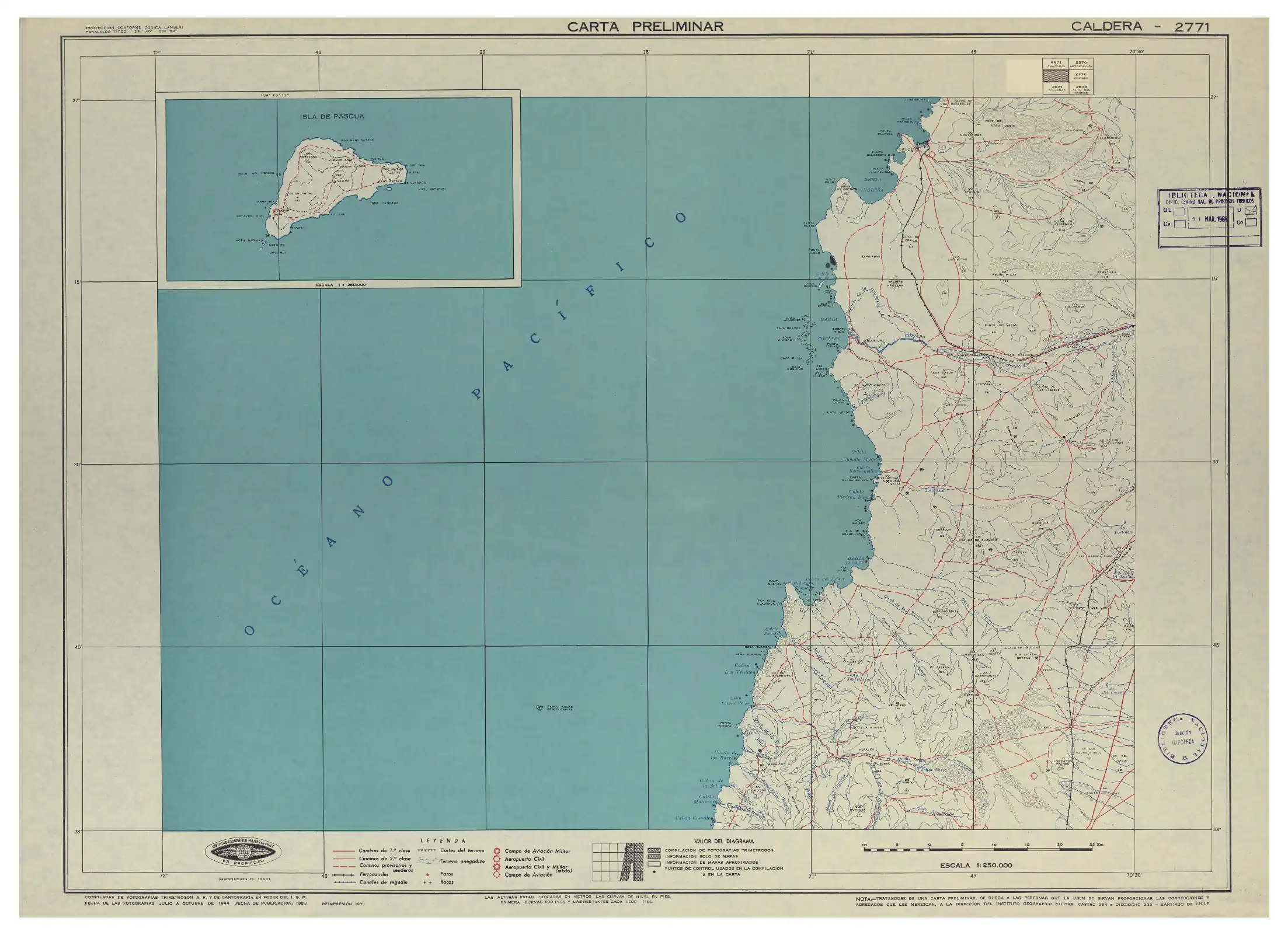Mapa del Instituto Geográfico Militar de Chile publicado en 1953 en una escala de 1:250000