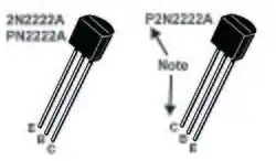 Pinout de un 2N2222 En encapsulado TO-92 en orden EBC y CBE