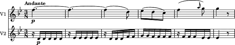 
<<
\new Staff \with { instrumentName = #"V1 "} \relative c'' {
    \version "2.18.2"
    \key bes \major 
    \tempo "Andante"
    \time 3/8
    \tempo 4 = 40	
    f4. \p~ f4.~ f4 (d8)
    ees (d c)
    f4 (\grace a16 (g8)) 
    g4 r8   
}
\new Staff \with { instrumentName = #"V2 "} \relative c'' {
    \key bes \major 
    \time 3/8
     r16 d, \p [d d d d]
     r16 ees  [ees ees ees ees]
     r16 d  [d d f f]
     g g f f f f
     r16 f  [f f ees ees]
     ees4 r8
}
>>
