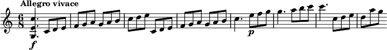 
\version "2.18.2"
\relative c'' {
  \key c \major
  \time 6/8
  \tempo " Allegro vivace"
  \tempo 4 = 200
   <g, e' c'>4. \f c8 d e
   f g a g a b
   c d e c, d e
   f g a g a b
   c4. e8  \p f g
   g4. a8 b c
   c4. c,8 d e
   d a' g
}
