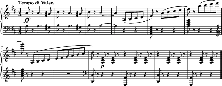 
 \relative b' {
  \new PianoStaff <<
   \new Staff {
    \key b \minor \time 3/4
    \set Score.tempoHideNote = ##t
    \tempo "Tempo di Valse." 2. = 64
    a8\ff r a4. gis8 | b r a4. gis8 | b r a2 ~ | a4 a,8( b cis d | e) r a( b cis d | e) r a( b cis d | e) r a,,,( b cis d | e fis g a b cis |
    d) r <a, d fis>8\p r <a d fis> r | r4 <a d fis>8 r <a d fis> r | r4 <a d fis>8 r <a d fis> | r r4 <a d fis>8 r <a d fis> r | \bar "||"
   }
   \new Staff {
    \key b \minor \time 3/4 \clef bass
    a8 r a4. gis8 | b r a4. gis8 | b r a2 ~ | a4 r4 r | <g e cis a>8 r r4 r | <a cis e g>8 r r4 r | \clef treble <a' cis e g>8 r r4 r | R2. |
    \clef bass <d,,, d'>8 r r4 r | <a a'>8 r r4 r | <d d'>8 r r4 r | <a a'>8 r r4 r |
   }
  >>
 }
