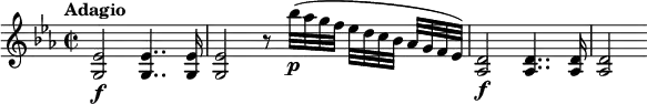 
\relative c' {
  \key es \major
  \time 2/2
  \tempo "Adagio"
  \tempo 4 = 50
  <es g,>2\f q4.. q16 |
  q2 r8 bes''32\p( as g f es d c bes as[ g f es]) |
  <aes, d>2\f q4.. q16 |
  q2
}
