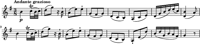 \relative c'' {
\version "2.18.2"
\key g \major
\time 3/8
\tempo "Andante grazioso"
b4\p c16\trill (b32 c)
d8 (g) r16 b,16-!
a8 (e') e-!
g, (fis g)
d (c b)
a (c e)
d16 (g b d) e (c)
<d, b'>4 (a'8)
b4 c16\trill (b32 c)
d8 (g) r16 b,16-!
a8 (e') e-!
g, (fis g)
d (c b)
a-! e' ( d')
b16 (d g, b a fis)
g4 r8
}