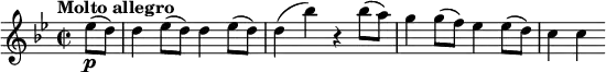 
\relative c'' {
 \key g \minor
 \time 2/2
 \tempo "Molto allegro"
 \set Staff.midiInstrument = #"violin"
 \set Score.tempoHideNote = ##t \tempo 2 = 105
 \partial 4 es8(\p d) |
 d4 es8( d) d4 es8( d) |
 d4( bes') r bes8( a) |
 g4 g8( f) es4 es8( d) |
 c4 c
}
