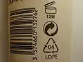 Símbolo PAO junto con el Punto Verde y el código de identificación de plásticos en una botella de loción.