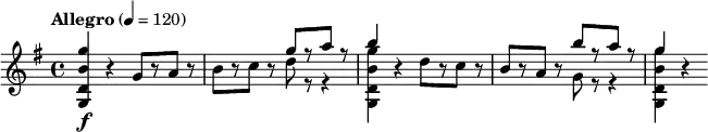 
\relative c''' {
  \version "2.18.2"
  \key g \major
  \tempo "Allegro" 4 = 120
  <g b, d, g,>4\f r g,8[ r a] r |
  b8[ r c] r 
     << { g'8[ r a] r | b4 } \\ { d,8 r r4 | <g b, d, g,>4 } >>
  r4 d8[ r c] r |
  b8[ r a] r 
     << { b'8[ r a] r | g4 } \\ { g,8 r r4 | <g' b, d, g,>4 } >>
  r4
}
