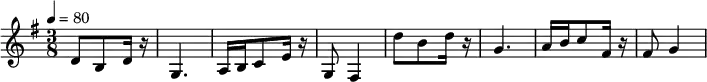 { \time 3/8 \key g \major \tempo 4=80 \relative c' { d8 b8 d16 r16 g,4. a16 b16 c8 e16 r16 g,8 fis4 d''8 b8 d16 r16 g,4. a16 b16 c8 fis,16 r16 fis8 g4} }