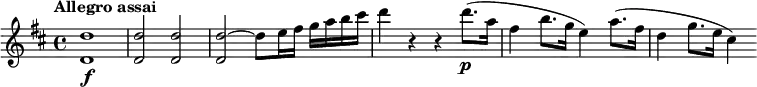 
\relative c'' {
  \version "2.18.2"
  \tempo "Allegro assai"
  \key d \major
  \time 4/4
  \tempo 4 = 140
  <d d,>1\f |
  q2 q |
  <d~ d,>2 d8 e16 fis g a b cis |
  d4 r r d8.(\p a16 |
  fis4 b8. g16 e4) a8.( fis16 |
  d4 g8. e16 cis4)
}
