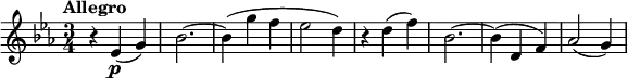 
\version "2.14.2"
 \relative c' {
   \clef "treble" 
   \key ees \major
   \time 3/4 
   \tempo "Allegro"
   \tempo 4 = 120
      r4 ees4\p (g)
      bes2. ~
      bes4 (g' f
      ees2 d4)
      r4 d4 (f)
      bes,2. ~
      bes4 (d, f)
      aes2 (g4)
}
