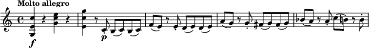 
\relative c'' {
 \key c \major
 \tempo "Molto allegro"
  <c e, g,>\f r <e c g> r <g c, e,> r8 c,,-.\p b (c) b (c) f (e) r e-. d (e) d (e) a (g) r g-. fis (g) fis (g) bes (a) r a-. c (b) r b-.
}
