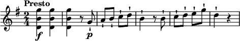 
\relative c'' {
  \version "2.18.2"
  \key g \major
  \time 2/4
  \tempo "Presto"
  \tempo 4 = 130
 <d, b' g'>4\f <d b' g'>
 <d b' g'> r8 g\p-!
 a-! b-! c-! d-!
 b4-! r8 b8-!
 c-! d-! e-! g-!
 d4-! r
  }
