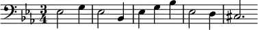 
\relative c {
  \clef bass
  \key ees \major
  \time 3/4
  ees2 g4 ees2 bes4 ees4 g4 bes4 ees,2 d4 cis2. \bar ""
}
