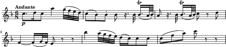 
\relative c'' {
  \version "2.18.2"
    \key f \major
    \time 6/8
    \tempo "Andante" 
   \tempo 4 = 50	
   c8.\p  d16  c8  a'4 g32 (f e d)
   c8 (bes) bes-. bes r16. bes32 bes16.\trill [(a64 bes)]
   a8 r16. bes32 bes16.\trill [(a64 bes)] c8 r8 d
   f,4~ f16 (g32 f) e8 r8 r8
   bes''4 a32 (g f e) d16 (c) c8 c
   c (f a) c r8 r8
  }
