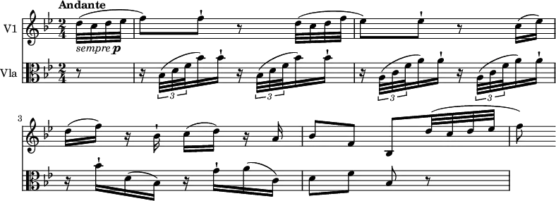 
<< \new Staff \with { instrumentName = #"V1 "}  
   \relative c' {
  \version "2.18.2"
  \tempo  "Andante"
  \time 2/4
  \key bes \major
  \tempo 4 = 70
  \partial 8 d'32_\markup { \italic sempre \dynamic p } ( c d ees f8) f-! r
  d32 ( c d f ees8) ees-! r c16 (ees )
  d (f) r bes,-! c (d) r a
  bes8 f bes, d'32 ( c d ees f8)
}
\new Staff \with { instrumentName = #"Vla "} \relative c' {
    \key bes \major 
    \clef "alto"
     \partial 8 r8 \repeat unfold 2 { r16  \tuplet 3/2 {bes32 (d f} bes16) bes-!}
     \repeat unfold 2 { r16  \tuplet 3/2 {a,32 (c f} a16) a-!}
     r16 bes-! d, (bes) r g'-! a (c,)
     d8 f bes, r
 }
>>
