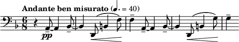 \relative c { \clef bass \key d \minor \time 6/8 \tempo "Andante ben misurato" 4. = 40 r4 a8--~\pp a4 bes8--~ | bes4 d,8(\< b'4 f'8\!) | f4-- a,8--~ a4 bes8--~ | bes4 d,8(\< b'4 g'8)\! | g4-- }