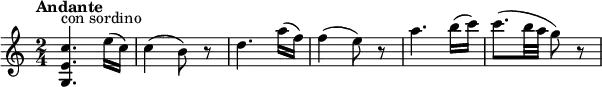 
\relative c' {
  \version "2.18.2"
  \tempo "Andante"
  \key c \major
  \time 2/4
  \tempo 4 = 70
 <g e' c'>4.^\markup {con sordino} e''16 (c) c4 (b8) r8 d4. a'16 (f) f4 (e8) r8 a4. b16 (c) c8. (b32 a g8) r8
}
