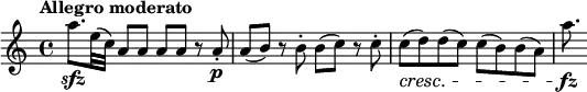 
\relative c''' {
 \key a \minor
 \tempo "Allegro moderato"
  a8.\sfz e32 (c) \repeat unfold 4 {a8} r8 a-.\p a (b) r b-. b (c) r c-. c\cresc (d) d (c) c (b) b (a) a'8.\fz
}
