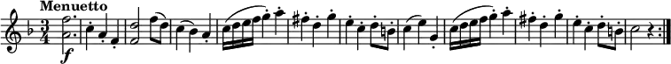 
\relative c' { 
   \version "2.18.2"
   \clef "treble" 
   \key f  \major
   \time 3/4
   \tempo "Menuetto" 
  <a' f'>2. \f 
  c4-. a-. f-.
  <f d'>2 f'8 (d)
  c4 (bes) a-.
  c16 (d e f g4-.) a-.
  fis-. d-. g-.
  e-. c-. d8-. b-.
  c4 (e) g,-.
  c16 (d e f g4-.) a-.
  fis-. d-. g-.
  e-. c-. d8-. b-.
  c2 r4 \bar ":|."
} 
