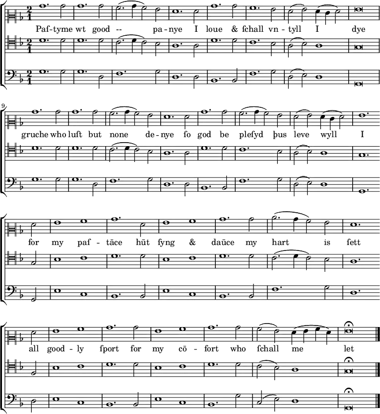 \version "2.10.33"
\new ChoirStaff <<
\new Staff {
\set Score.tempoHideNote = ##t
\tempo 1 = 125
\time 2/1 \key g \dorian
\clef "neomensural-c2"
%% \override NoteHead #'style = #'petrucci
bes'1. bes'2 bes'1. bes'2 a'2. (bes'4 a'2) g'2 f'1.
f'2 bes'1. bes'2 a'1. g'2 f' (g') f'4 (e' f'2) g'\breve \break
bes'1. bes'2 bes'1. bes'2 a'2. (bes'4 a'2) g'2 f'1.
f'2 bes'1. bes'2 a'2. (bes'4 a'2) g'2 f' (g') f'4 (e' f'2) g'1. \bar "" \break
f'2 g'1 a' bes'1. f'2 g'1 a' bes'1. bes'2 c''2. (bes'4 a'2) g' f'1. \bar "" \break
f'2 g'1 a' bes'1. bes'2 g'1 a' bes'1. bes'2 a' (g') f'4 (g' a' f')
g'\breve\fermata \bar "|."
} %% /new Staff
\addlyrics {
Paſ -- tyme wt good Ꝯ-- pa -- nye
I loue "&" ſchall vn -- tyll I dye
gruche who luſt but none de -- nye
ſo god be pleſyd þus leve wyll I
for my paſ -- tāce
hūt ſyng "&" daūce
my hart is ſett
all good -- ly ſport
for my cō -- fort
who ſchall me let
} %% /addlyrics
\new Staff {
\time 2/1 \key g \dorian
\clef "neomensural-c4"
d'1. d'2 d'1. d'2 c'2. (d'4 c'2) bes2 a1. a2 d'1. d'2 c'1. bes2 a2 (bes2) a1 g\breve
d'1. d'2 d'1. d'2 c'2. (d'4 c'2) bes2 a1. a2 d'1. d'2 c'1. bes2 a2 (bes2)
a1 g1. g2 bes1 c'1 d'1. d'2 bes1 c'1 d'1. d'2 c'2. (d'4 c'2) bes2
a1. f2 bes1 c'1 d'1. d'2 bes1 c'1 d'1. d'2 c'2 (bes2) a1 g\breve\fermata \bar "|."
} %% /new Staff
\new Staff {
\time 2/1 \key g \dorian
\clef bass
g1. g2 g1. d2 f1. g2 d1. d2 bes,1. bes,2 f1. g2 d2 (e2) d1 g,\breve
g1. g2 g1. d2 f1. g2 d1. d2 bes,1. bes,2 f1. g2 d2 (e2)
d1 g,1. g,2 e1 c1 bes,1. bes,2 e1 c1 bes,1. bes,2 f1.
g2 d1. d2 e1 c1 bes,1. bes,2 e1 c1 bes,1. g2 c2 (e2) d1 g,\breve\fermata \bar "|."
} %% /new Staff
>> %% /new ChoirStaff