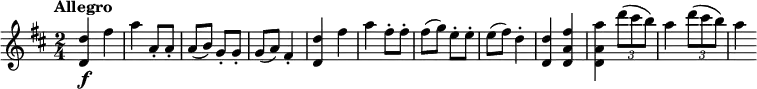 \relative c'' {
\version "2.18.2"
\key d \major
\time 2/4
\tempo "Allegro"
<d, d'>4\f fis'
a a,8-. a-.
a (b) g-. g-.
g (a) fis4-.
<d d'>4 fis'
a fis8-. fis-.
fis (g) e-. e-.
e (fis) d4-.
<d, d'> <d a' fis'>
<d a' a'> \tuplet 3/2 {d''8 (cis b)}
a4 \tuplet 3/2 {d8 (cis b)}
a4
}