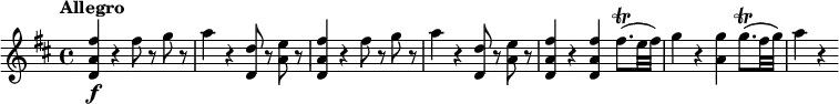 \relative c'' {
\version "2.18.2"
\key d \major
\tempo "Allegro"
<fis a, d,>4\f r fis8 r g r |
a4 r <d, d,>8 r <e a,> r |
<fis a, d,>4 r fis8 r g r |
a4 r <d, d,>8 r <e a,> r |
<fis a, d,>4 r <fis a, d,> fis8.(\trill e32 fis) |
g4 r <a, g'>4 g'8.(\trill fis32 g) |
a4 r
}