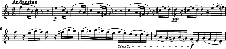 
\relative c'' {
 \version "2.18.2"
 \clef "treble" 
 \key c \major
 \time 6/8
 \tempo "Andantino" 
   f4 (d16 b c8) r8 r8
   e4  \p (c16 a) d4 (b16 a)
   c4 (a16 fis g8) r8 r8
   c4 (a16 fis g8) r16 cis16 (e d)
   d8 \pp r16 cis16 (e d d8) r16 e16 (g f!)
   f8 r16 e16 (g f) f8 r16 fis16 (a g)
   g (gis a g) f (e f\cresc e) d (c d c)
   b (a g gis) a (g) f\f (e) g (f e d)               
}
