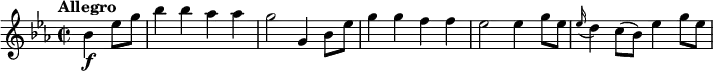 
\relative c'' {
    \version "2.18.2"
    \key ees  \major 
    \tempo "Allegro"
    \time 2/2
    \tempo 4 = 160
    \partial2 bes4\f ees8  g bes4 bes aes aes g2
     g,4 bes8 ees  g4 g f f
     ees2 ees4 g8 ees
      \grace ees16 (d4) c8 (bes) ees4 g8 ees 
}
