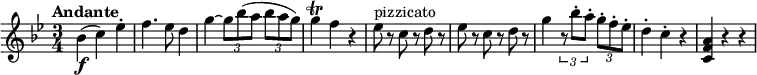 
\relative c' { 
   \version "2.18.2"
   \clef "treble" 
   \key bes  \major
   \time 3/4
   \tempo "Andante" 
     bes'4 \f (c) ees -.
     f4. ees8 d4
     g4~ \tuplet 3/2 {g8 bes (a} \tuplet 3/2 {bes a g)} 
     g4 \trill f r4
     ees8^\markup { pizzicato } r8 c r8 d r8 
     ees r8 c r8 d r8
     g4 \tuplet 3/2 {r8 bes-. a-.} \tuplet 3/2 {g-. f-. ees-.} 
     d4-. c-. r4
     <c, f a> r4 r4
}
