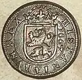 Anverso de moneda de 8 maravedís (cobre) de Felipe III con "ceca" de Segovia del año 1607.