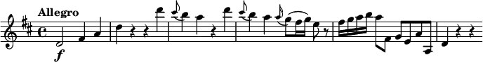 
\relative c' {
  \key d \major
  \tempo "Allegro"
  d2\f fis4 a |
  d4 r r d' |
  \grace cis8 (b4) a r d |
  \grace cis8 (b4) a \grace a16 (g8) (fis16 g) e8 r |
  fis16 g a b a8 fis, g[ e a a,]
  d4 r4 r4
}
