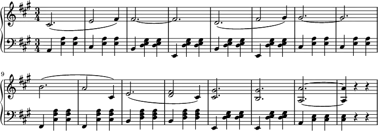 \relative g'' {
\new PianoStaff <<
\new Staff { \key fis \minor \time 3/4
\tempo \markup {
\column {
}
}
cis,,2.( e2 fis4) fis2.~ fis d2.( fis2 gis4) gis2.~ gis b( a2 cis,4) e2.( <d fis>2 cis4) <cis gis'>2. <b gis'> <a a'>~ <a a'>4 r r
}
\new Staff { \key fis \minor \time 3/4 \clef bass
a, <e' a> <e a> cis <e a> <e a> b <d e gis> <d e gis> e, <d' e gis> <d e gis> b <d e gis> <d e gis> e, <d' e gis> <d e gis> cis <e a> <e a> cis <e a> <e a> fis, <a' fis cis> <a fis cis> fis, <a' fis cis> <a fis cis> b, <a' fis d> <a fis d> b, <a' fis d> <a fis d>e, <d' e gis> <d e gis> e, <d' e gis> <d e gis> a <cis e> <cis e> <cis e> r r
}
>>
}