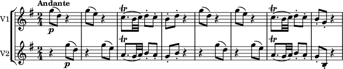 
\new StaffGroup <<
\new Staff  
\with {
  instrumentName = #"V1"
}
\relative c'' {
   \key g \major
   \time 2/4
   \tempo "Andante" 
  g'8\p (d) r4
  g8 (e) r4
  c8.\trill ([b32 c]) [d8-. c-.] b-. d-. r4
  g8 (d) r4
  g8 (e) r4
  c8.\trill ([b32 c]) [d8-. c-.] b-. g-. r4
             }
 \new Staff  
 \with {
  instrumentName = #"V2"
}
 \relative c''  {
   \key g \major
   \time 2/4
  r4 g'8\p (d) 
  r4 g8 (e) 
  a,8.\trill ([g32 a]) [b8-. a-.] g-. b-. r4
  r4 g'8 (d) 
  r4 g8 (e) 
  a,8.\trill ([g32 a]) [b8-. a-.] g-. b,-. r4
               } 
>>
