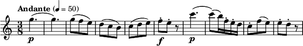 
\relative c'' {
  \version "2.18.2"
  \key c \major
  \numericTimeSignature
  \time 3/8
  \tempo "Andante" 4 = 50
    g'4.\p (g4.)
    g8 (f e)  d (c b) c (d e)
    f-.\f e-. r8
    c'4.\p (c8) (b16) f-. e-. d
    c8-. f (e) e-. d-. r8
  }
