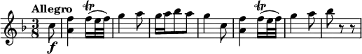 \relative c' {
\version "2.18.2"
\clef "treble"
\key f \major
\time 3/8
\tempo "Allegro"
\partial 8 c'8 \f
<a f'>4 f'16\trill (e32 f)
g4 a8
g16 a bes8 a
g4 c,8
<a f'>4 f'16\trill (e32 f)
g4 a8
bes r8 r8
}