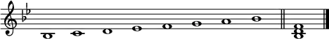 { % Para una guía de cómo escribir en lilypond, véase lilypond.org/doc
\override Score.TimeSignature #'stencil = ##f % Esconder compás
\set Score.tempoHideNote = ##t % Esconder tempo
\key bes \major % armadura
\time 8/1 % compás
\tempo 1 = 80 % tempo 1(redonda) = 80
\relative c'{ % modo relativo, es decir, para poner la nota siguiente, buscará qué octava está más cerca
bes1 c1 d1 ees1 f1 g1 a1 bes1
} %cierro modo relativo
\bar "||" % doble barra
\time 1/1 % Cambio a 1/1 para mostrar acorde
<bes d' f'>1
\bar "|." % doble barra final
}