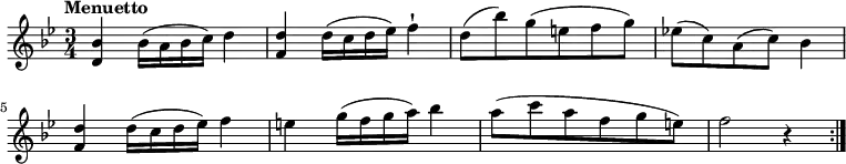 \relative c'' {
\version "2.18.2"
\clef "treble"
\key bes \major
\time 3/4
\tempo "Menuetto"
<d, bes'>4 bes'16 (a bes c) d4
<f, d'>4 d'16 (c d ees ) f4-!
d8 (bes') g (e f g)
ees! (c) a (c) bes4
<f d'>4 d'16 (c d ees ) f4
e4 g16 (f g a ) bes4
a8 (c a f g e)
f2 r4 \bar ":|."
}