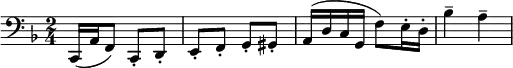 \relative c
{
\clef bass \key f \major \time 2/4 c,16( a' f8) c-. d-. e-. f-. g-. gis-. a16( d c g f'8) e16-. d-. bes'4-- a--
}