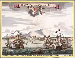 Barcos holandeses de la VOC (Vereenigde Oostindische Compagnie, "compañía de las Indias Orientales") en Batavia (actual Yakarta), 1665.