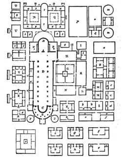 La llamada "Utopía de Saint Gall", modelo ideal de distribución de los espacios en el monasterio occidental que no responde a la traza real del monasterio de Saint Gall, sino a la yuxtaposición de los espacios necesarios para la forma de vida de los monasterios benedictinos.