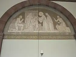 "Wie S. Hildegard Eibingen gründet u. zu Rüdesheim einen blinden Knaben heilten." ("Como santa Hildegarda funda Ebingen y camino a Rüdesheim cura a un muchacho ciego").